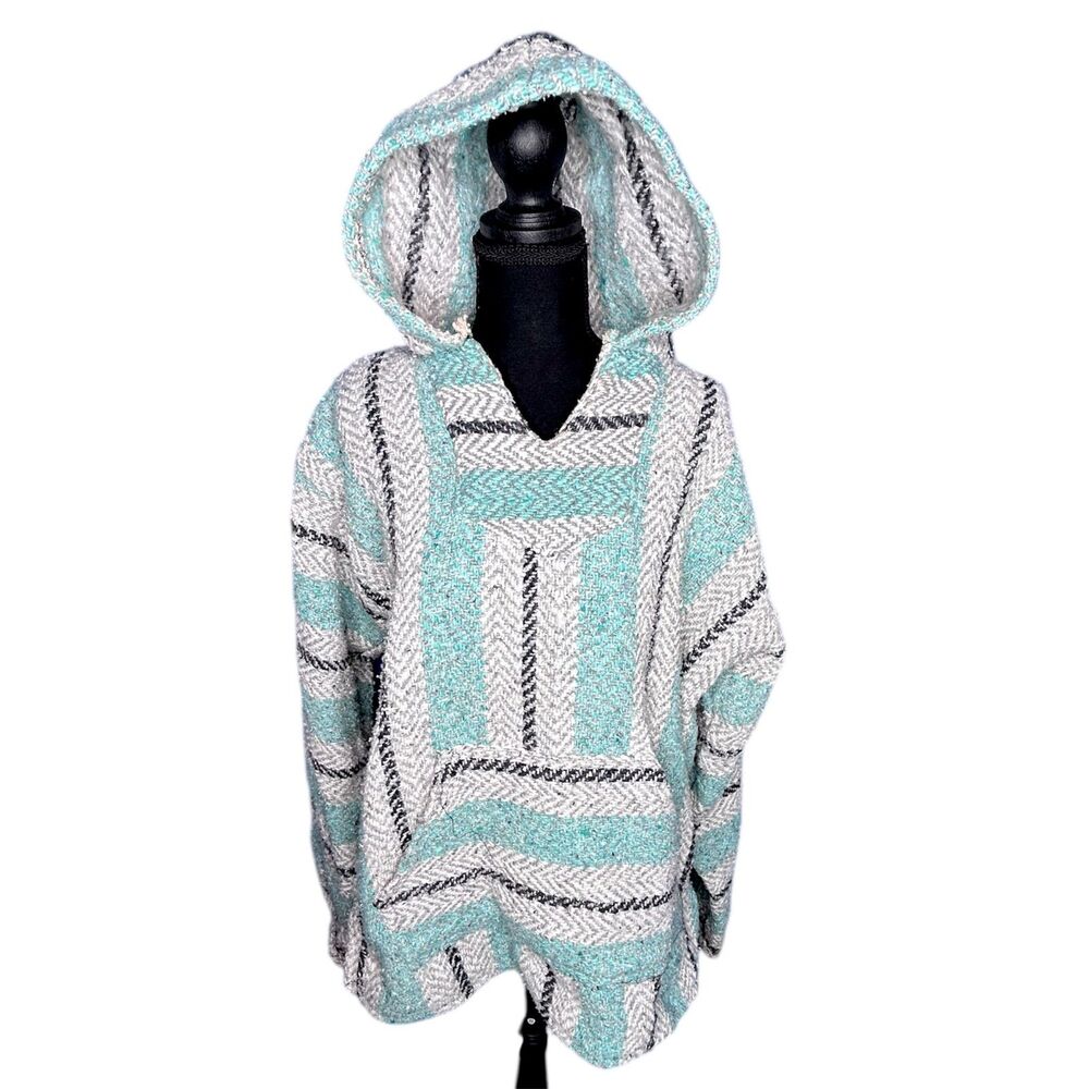 Baja Joe Unisex Teal White Striped Woven Hooded Jacket Sz L Hippie Festival Boho
